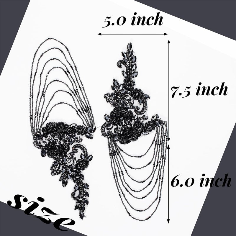 amusediy Black Pair Beaded Rhinestones Applique Embellishment for Clothes,Epaulettes Shoulder Patches Sew-on Diamond Sequin Applique for Wedding Dress DIY Accessories - Image 3